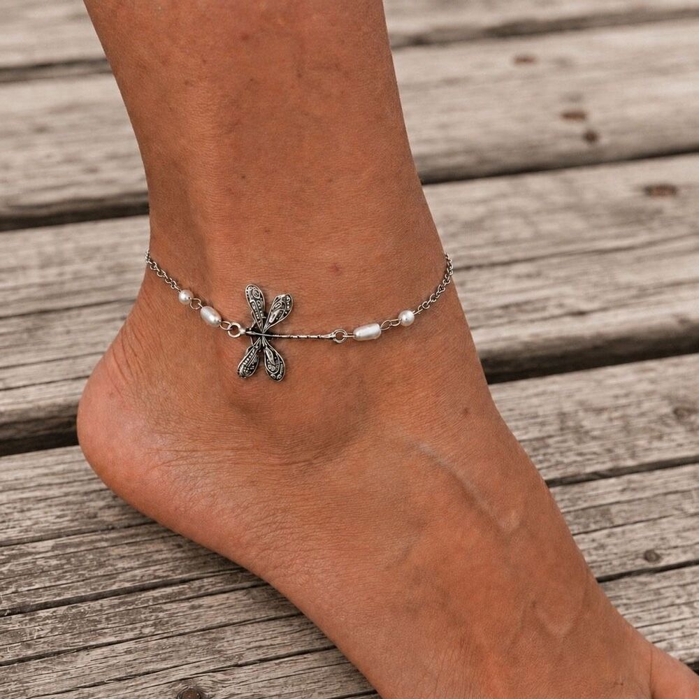 Dragonfly Faux Pearl Anklet in Silver Tone